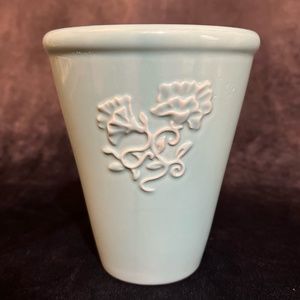 Vintage MCM Pottery  Embossed Victorian Flower Ceramic Vase Blue 6” Tall